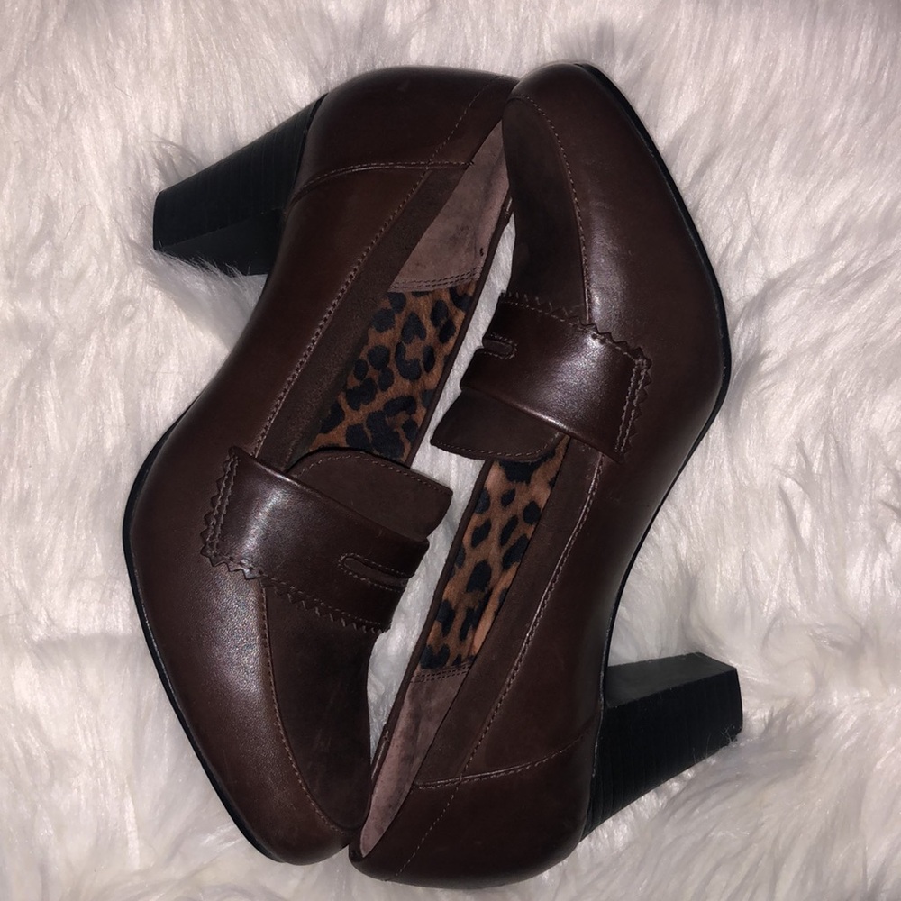 Clarks Bendables Brown Leather & Suede 3” Heel Penny Loafers 9M EUC
